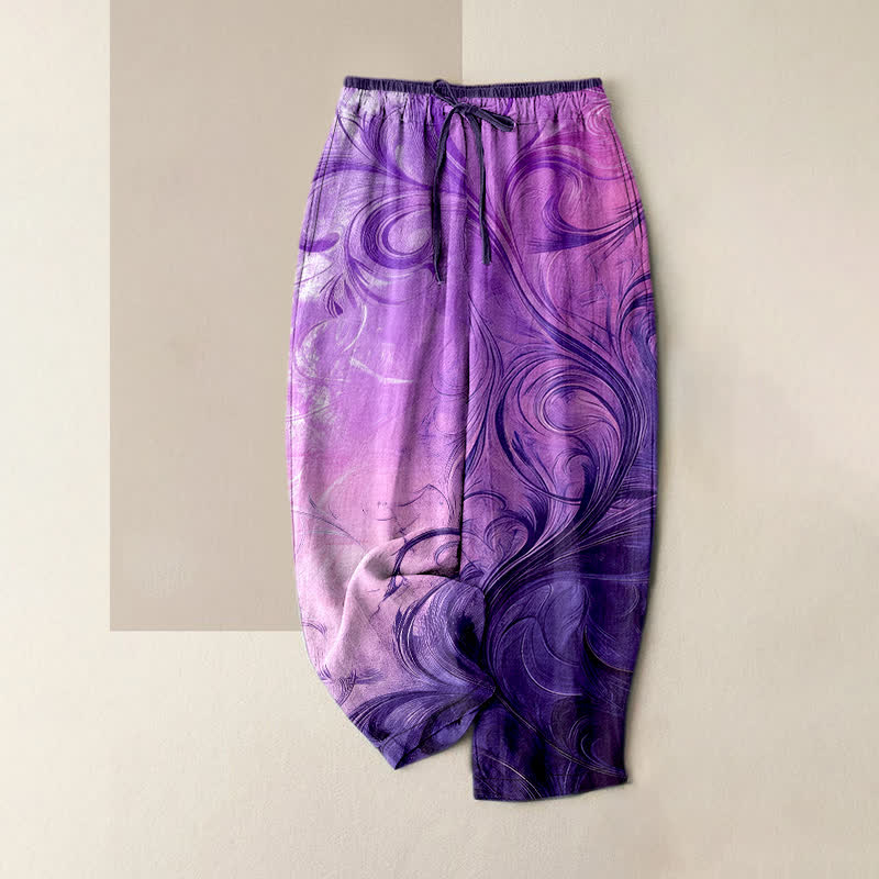 Buddha Stones Pantaloni da donna in puro cotone con elastico in vita e tasche, fantasia sfumata Sunset Swirl. - Viola scuro - US16, UK/AU20, EU48 (3XL) - image 4