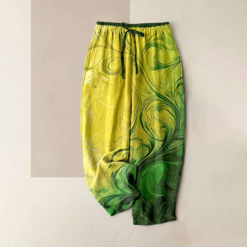 Buddha Stones Pantaloni da donna in puro cotone con elastico in vita e tasche, fantasia sfumata Sunset Swirl. - Verde Giallo - US16, UK/AU20, EU48 (3XL) - image 5