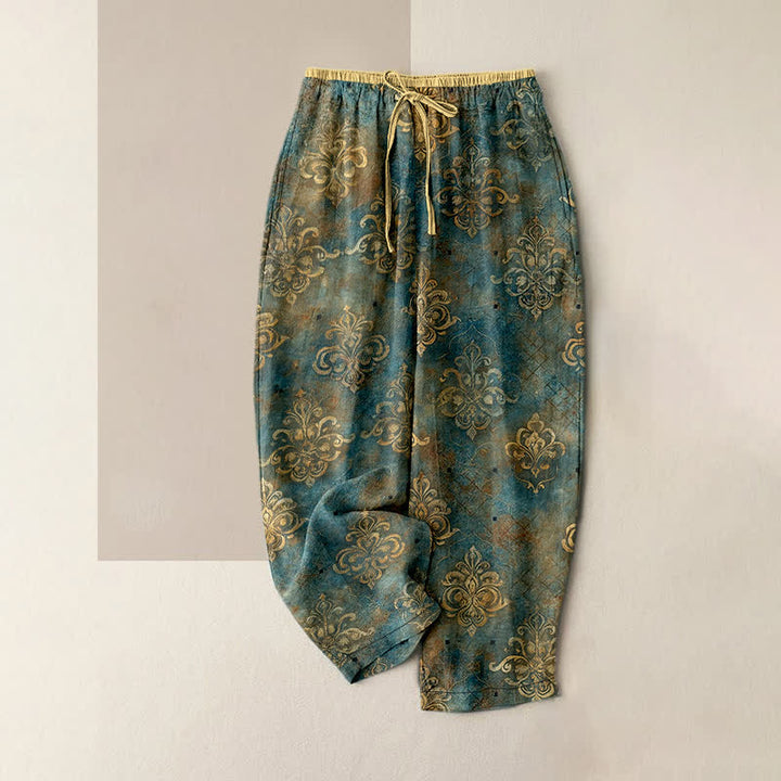 Buddha Stones Pantaloni da donna vintage con stampa damascata, elastico in vita e tasche. - Verde acqua - US16, UK/AU20, EU48 (3XL) - image 0