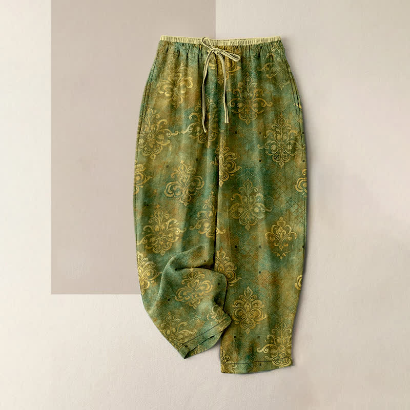 Buddha Stones Pantaloni da donna vintage con stampa damascata, elastico in vita e tasche. - Verde oliva - US16, UK/AU20, EU48 (3XL) - image 4
