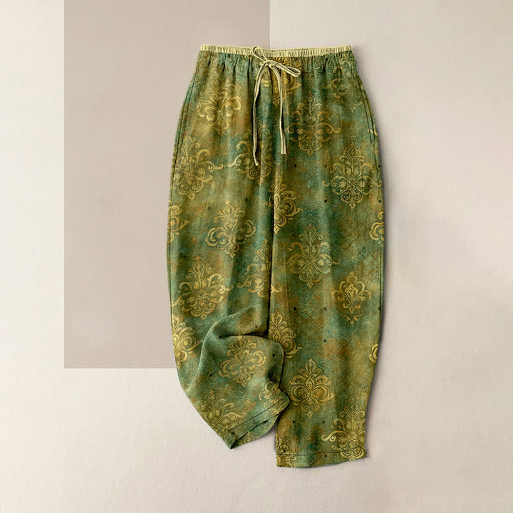 Buddha Stones Pantaloni da donna vintage con stampa damascata, elastico in vita e tasche. - Verde oliva - US16, UK/AU20, EU48 (3XL) - image 4