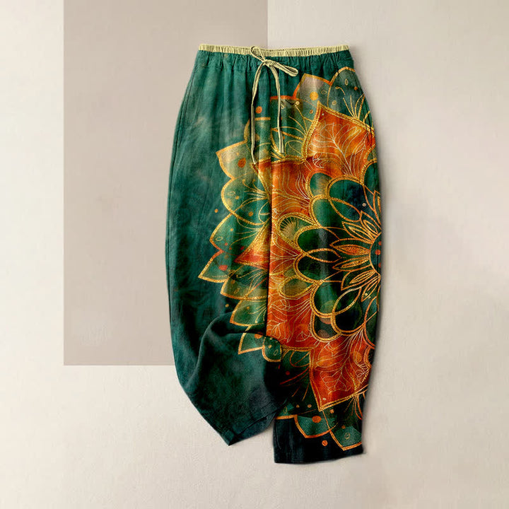 Buddha Stones Pantaloni da donna in puro cotone con elastico in vita e tasche, fantasia mandala dorata. - Verde mare - US16, UK/AU20, EU48 (3XL) - image 0