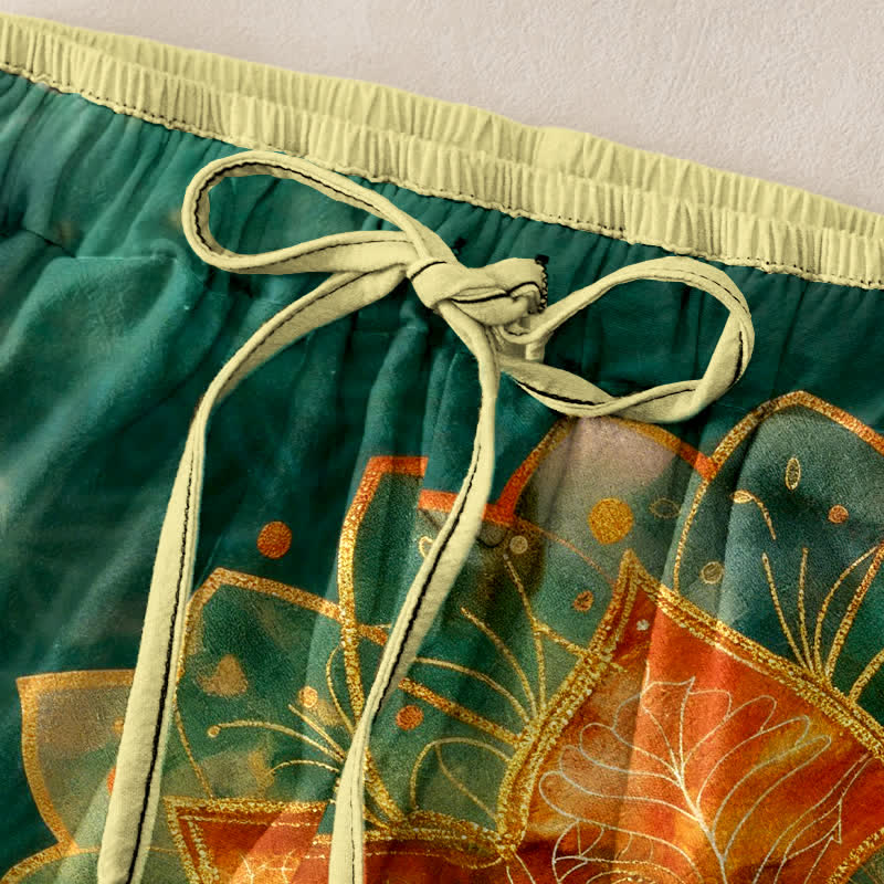Buddha Stones Pantaloni da donna in puro cotone con elastico in vita e tasche, fantasia mandala dorata. - image 1