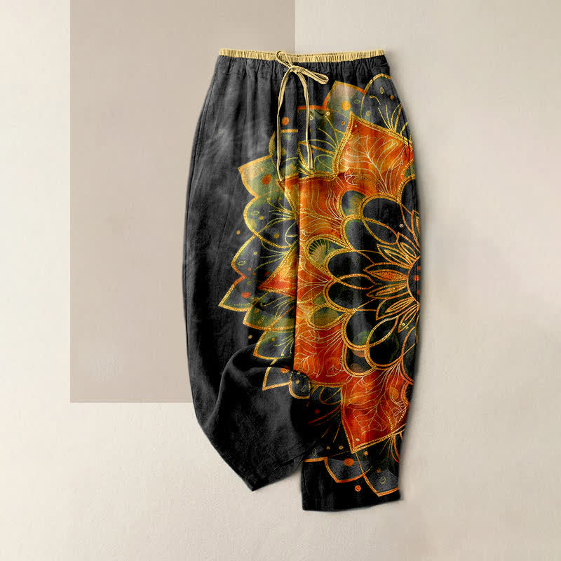 Buddha Stones Pantaloni da donna in puro cotone con elastico in vita e tasche, fantasia mandala dorata. - Nero - US16, UK/AU20, EU48 (3XL) - image 5