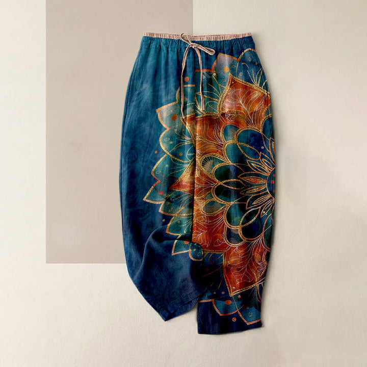 Buddha Stones Pantaloni da donna in puro cotone con elastico in vita e tasche, fantasia mandala dorata. - Marina - US16, UK/AU20, EU48 (3XL) - image 6