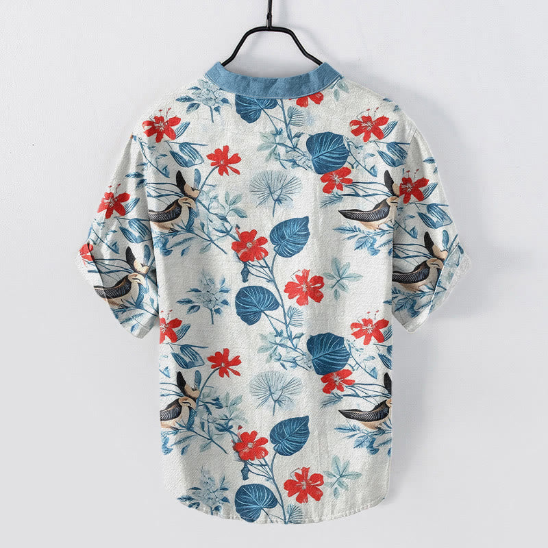 Buddha Stones Camicia da uomo a maniche corte con mezza abbottonatura, in cotone, con motivo floreale tropicale e uccelli. - image 1