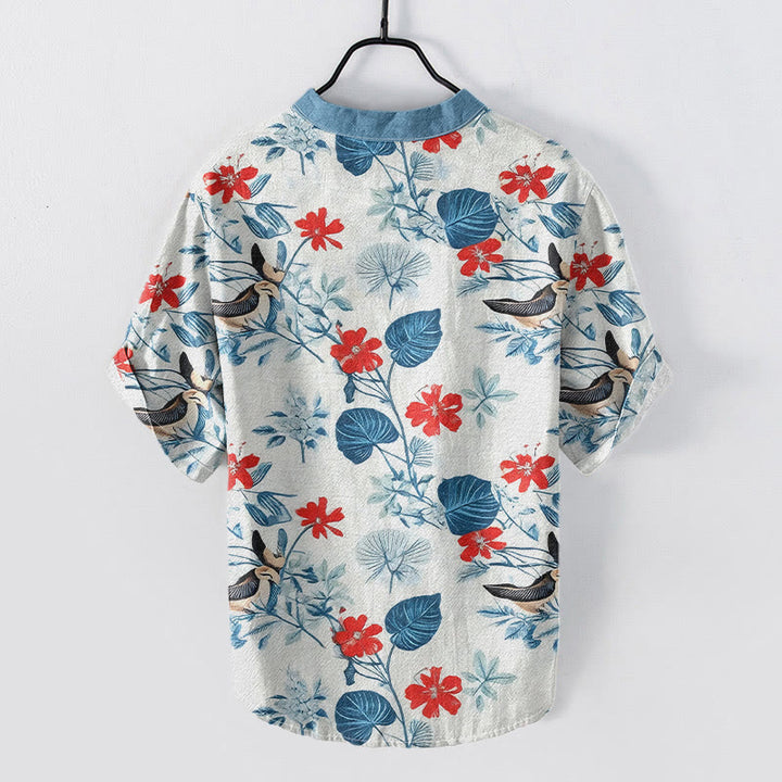 Buddha Stones Camicia da uomo a maniche corte con mezza abbottonatura, in cotone, con motivo floreale tropicale e uccelli. - image 1