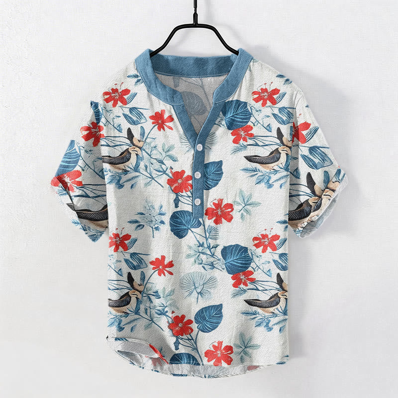 Buddha Stones Camicia da uomo a maniche corte con mezza abbottonatura, in cotone, con motivo floreale tropicale e uccelli. - Blu acciaio chiaro - US/UK/AU50, EU60 (5XL) - image 0