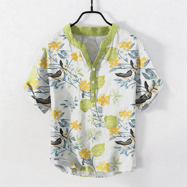 Buddha Stones Camicia da uomo a maniche corte con mezza abbottonatura, in cotone, con motivo floreale tropicale e uccelli. - Verde Giallo - US/UK/AU50, EU60 (5XL) - image 3