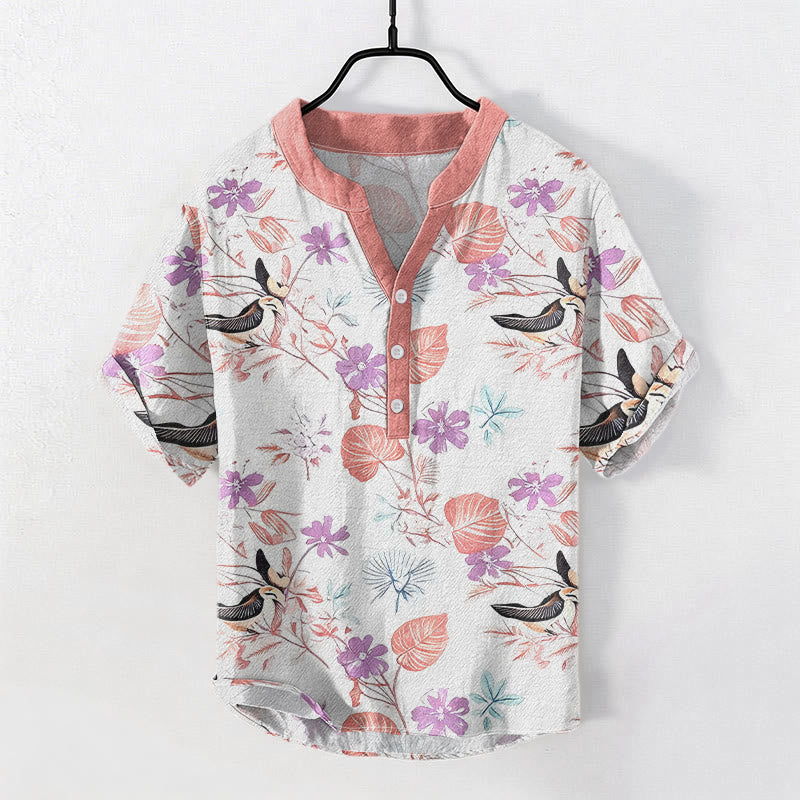 Buddha Stones Camicia da uomo a maniche corte con mezza abbottonatura, in cotone, con motivo floreale tropicale e uccelli. - Rosa Nebbiosa - US/UK/AU50, EU60 (5XL) - image 5
