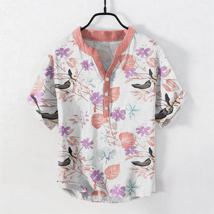 Buddha Stones Camicia da uomo a maniche corte con mezza abbottonatura, in cotone, con motivo floreale tropicale e uccelli. - Rosa Nebbiosa - US/UK/AU50, EU60 (5XL) - image 5