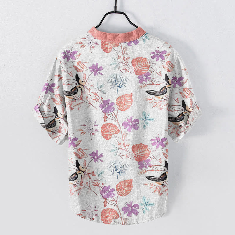 Buddha Stones Camicia da uomo a maniche corte con mezza abbottonatura, in cotone, con motivo floreale tropicale e uccelli. - image 6