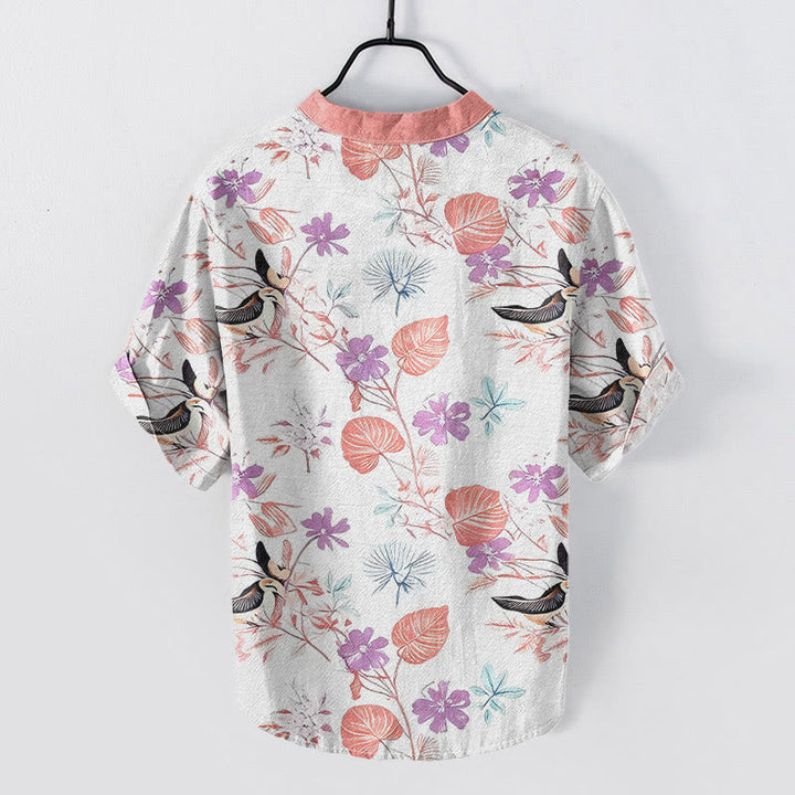 Buddha Stones Camicia da uomo a maniche corte con mezza abbottonatura, in cotone, con motivo floreale tropicale e uccelli. - image 6