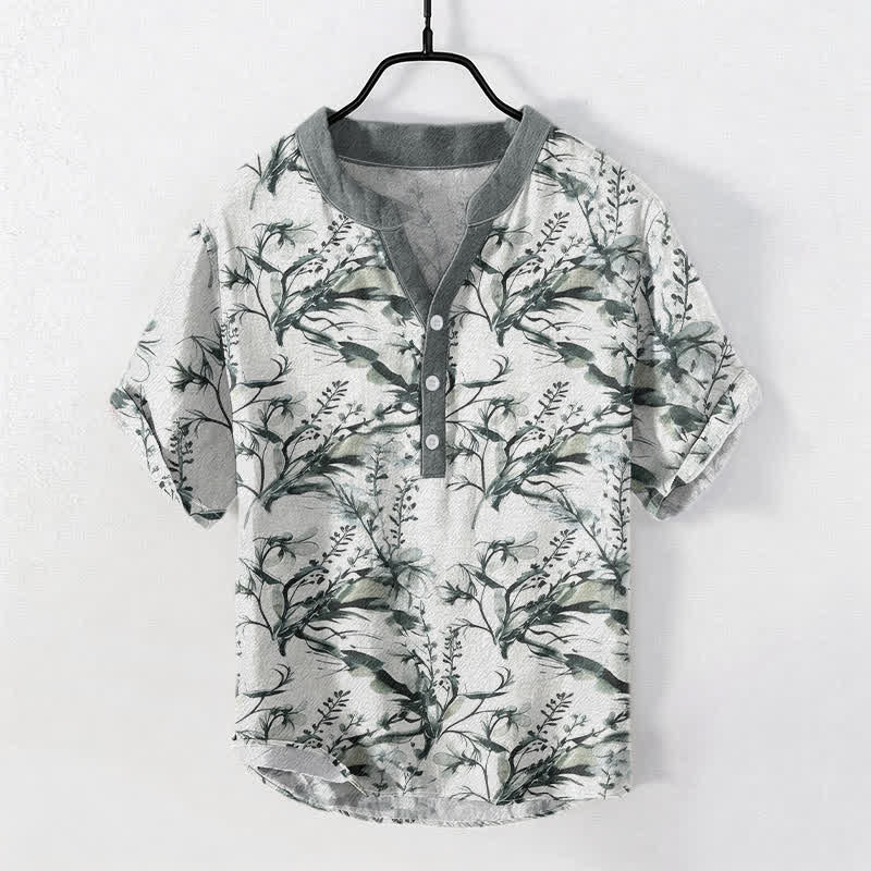 Buddha Stones Camicia da uomo a maniche corte con mezzo bottone, in puro cotone, con motivo a rametti di lavanda. - Grigio chiaro - US/UK/AU50, EU60 (5XL) - image 0