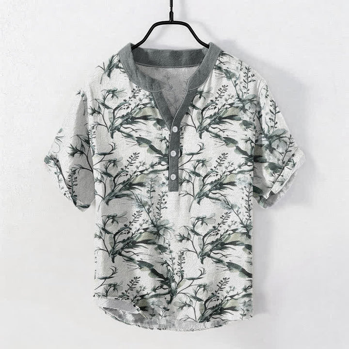 Buddha Stones Camicia da uomo a maniche corte con mezzo bottone, in puro cotone, con motivo a rametti di lavanda. - Grigio chiaro - US/UK/AU50, EU60 (5XL) - image 0