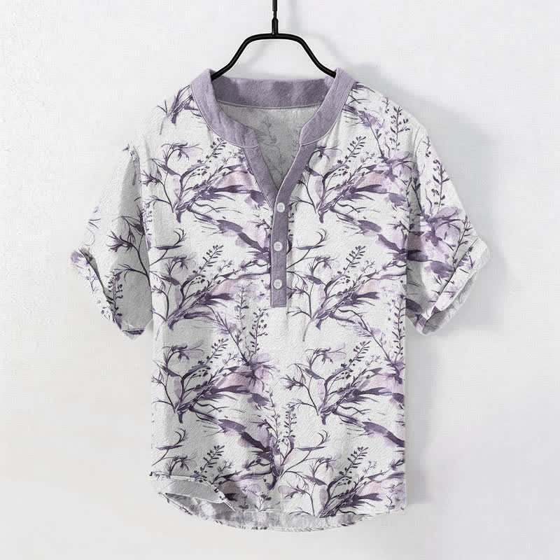 Buddha Stones Camicia da uomo a maniche corte con mezzo bottone, in puro cotone, con motivo a rametti di lavanda. - image 3