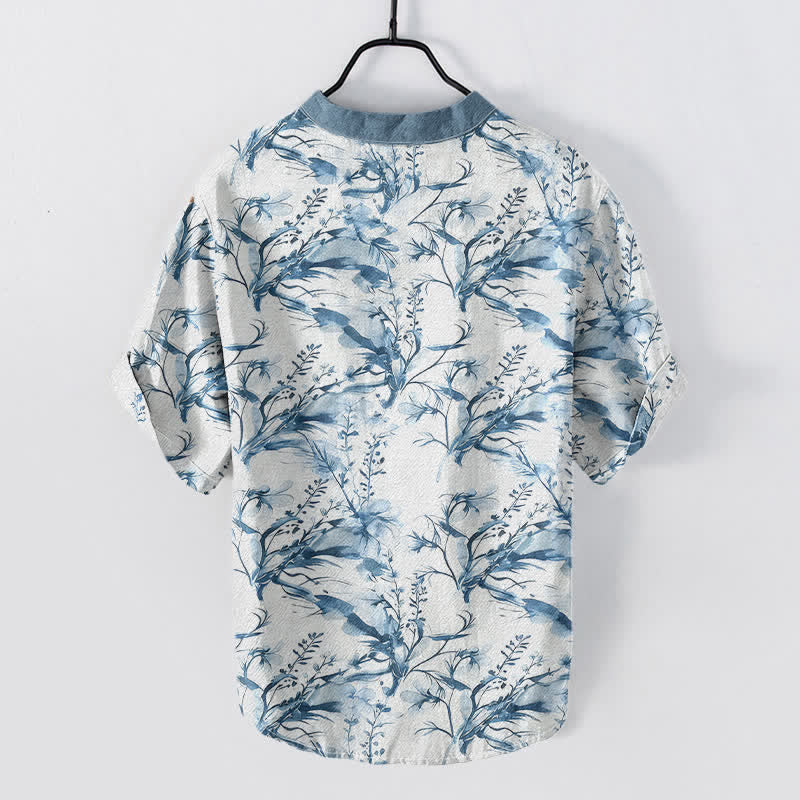 Buddha Stones Camicia da uomo a maniche corte con mezzo bottone, in puro cotone, con motivo a rametti di lavanda. - image 6