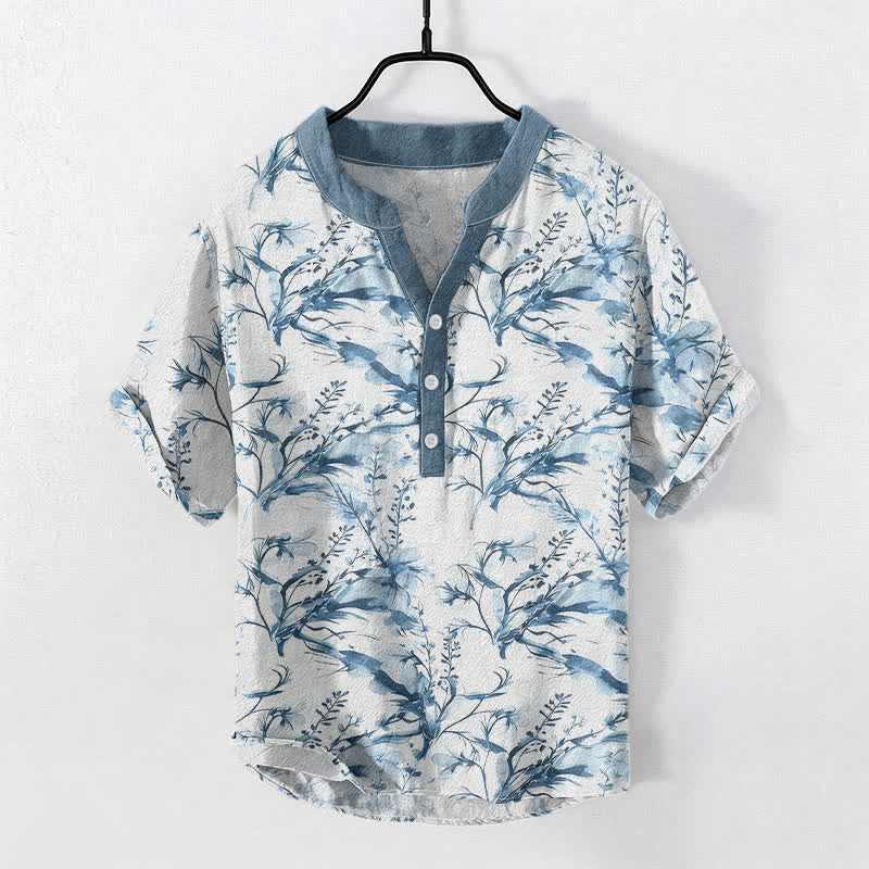 Buddha Stones Camicia da uomo a maniche corte con mezzo bottone, in puro cotone, con motivo a rametti di lavanda. - image 5