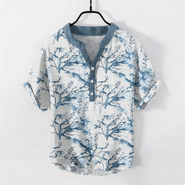 Buddha Stones Camicia da uomo a maniche corte con mezzo bottone, in puro cotone, con motivo a rametti di lavanda. - image 5