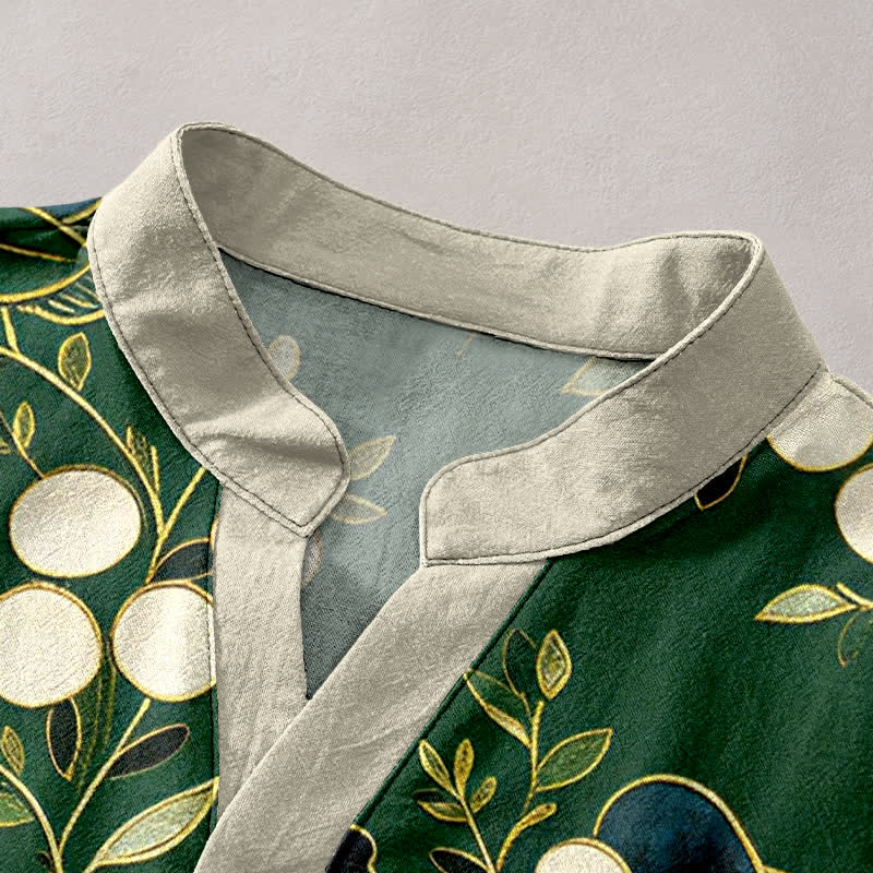 Buddha Stones Camicia da uomo a maniche corte con mezza abbottonatura, in cotone, con motivo floreale e bacche. - image 2