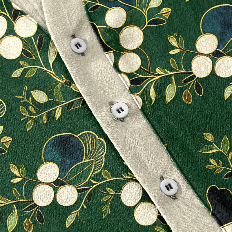 Buddha Stones Camicia da uomo a maniche corte con mezza abbottonatura, in cotone, con motivo floreale e bacche. - image 3