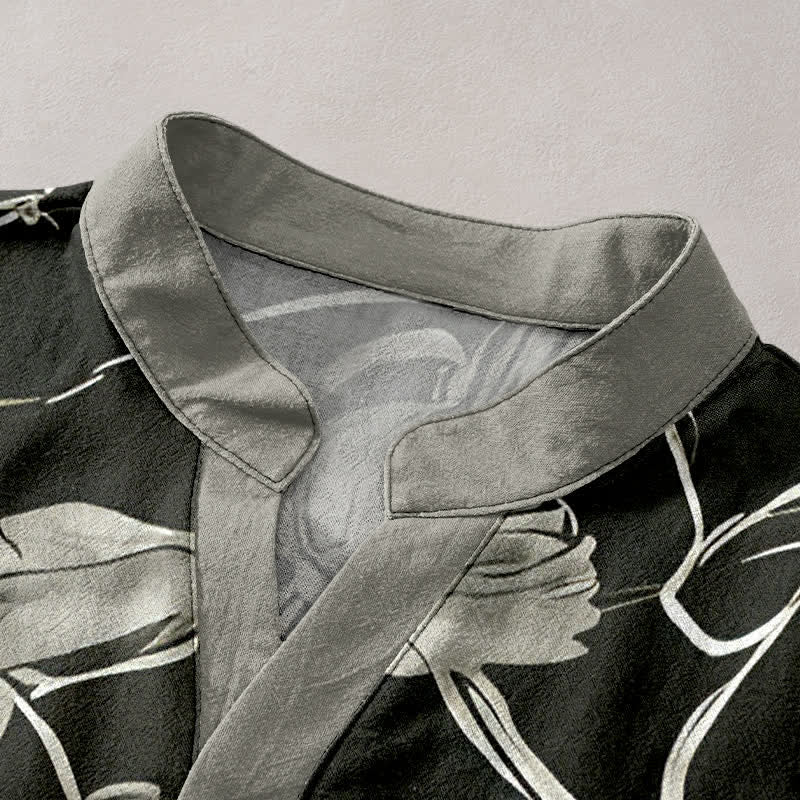 Buddha Stones Camicia da uomo a maniche corte con mezza abbottonatura, in cotone, con motivo floreale botanico e foglie. - image 2