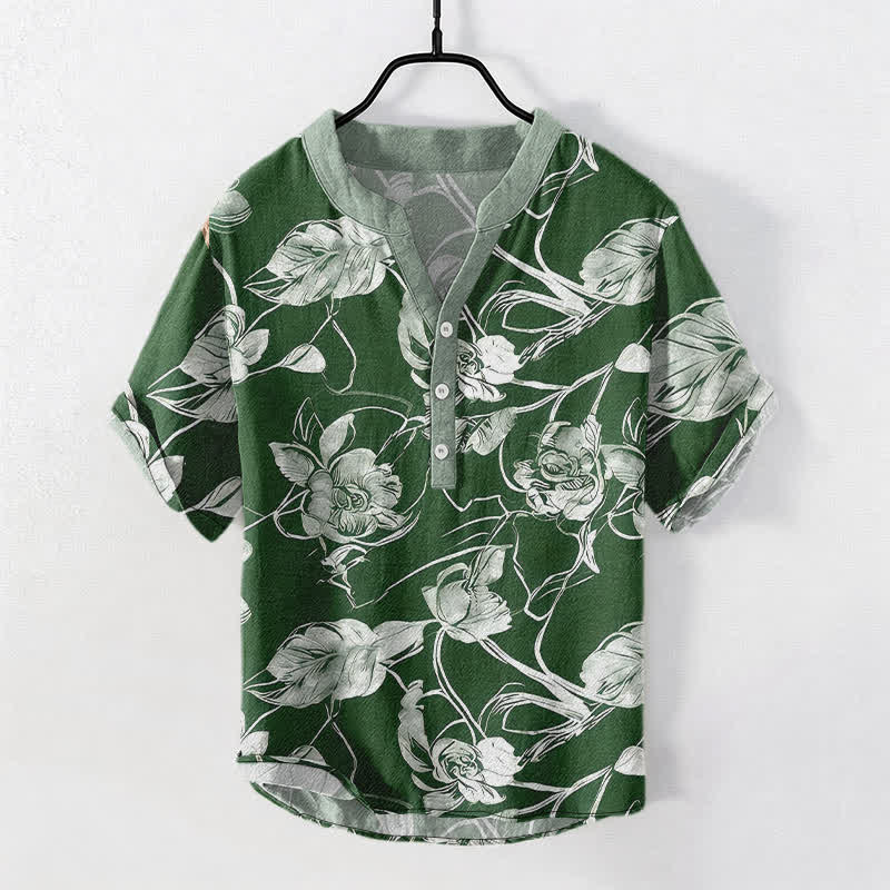 Buddha Stones Camicia da uomo a maniche corte con mezza abbottonatura, in cotone, con motivo floreale botanico e foglie. - Verde studentesco - US/UK/AU50, EU60 (5XL) - image 7