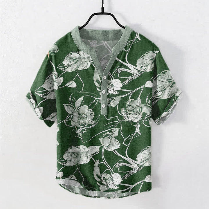 Buddha Stones Camicia da uomo a maniche corte con mezza abbottonatura, in cotone, con motivo floreale botanico e foglie. - Verde studentesco - US/UK/AU50, EU60 (5XL) - image 7
