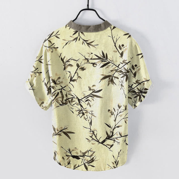 Buddha Stones Camicia da uomo a maniche corte con mezza abbottonatura, in cotone con stampa a inchiostro di bambù. - image 4