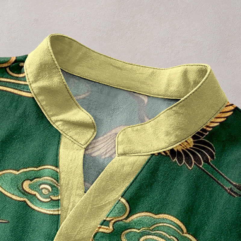 Buddha Stones Camicia da uomo a maniche corte con mezzo bottone, in cotone, con motivo gru dorata e nuvole di buon auspicio. - image 2