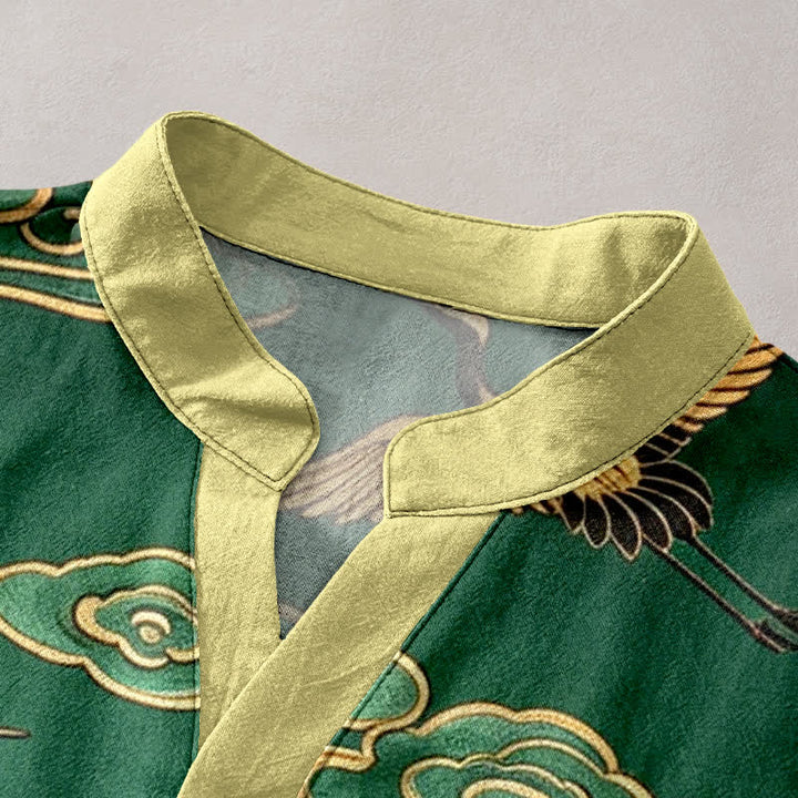 Buddha Stones Camicia da uomo a maniche corte con mezzo bottone, in cotone, con motivo gru dorata e nuvole di buon auspicio. - image 2