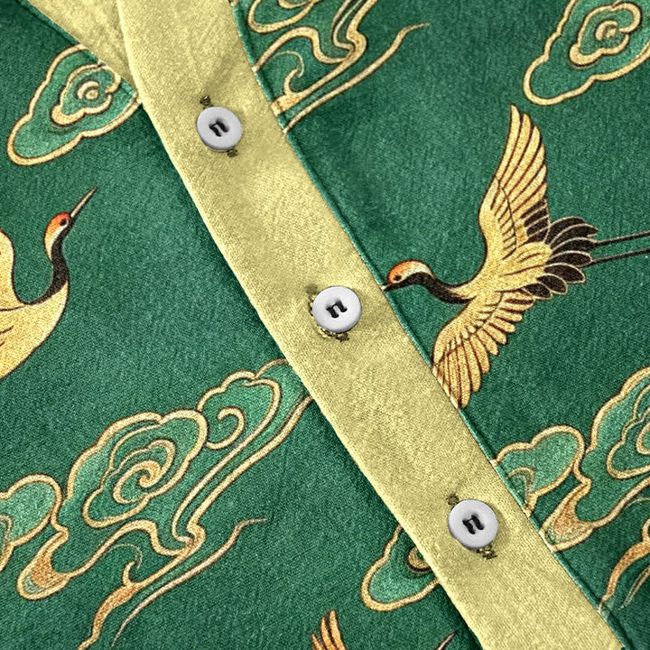 Buddha Stones Camicia da uomo a maniche corte con mezzo bottone, in cotone, con motivo gru dorata e nuvole di buon auspicio. - image 3