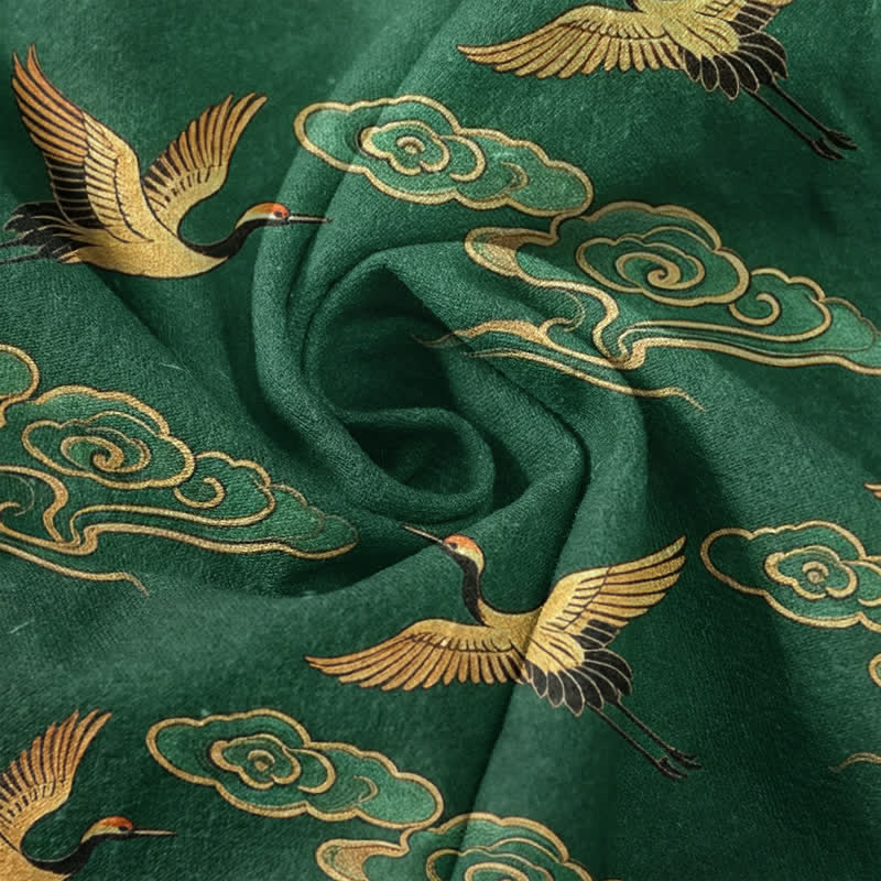 Buddha Stones Camicia da uomo a maniche corte con mezzo bottone, in cotone, con motivo gru dorata e nuvole di buon auspicio. - image 4