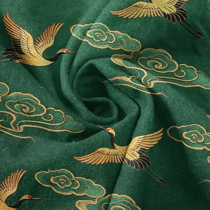 Buddha Stones Camicia da uomo a maniche corte con mezzo bottone, in cotone, con motivo gru dorata e nuvole di buon auspicio. - image 4