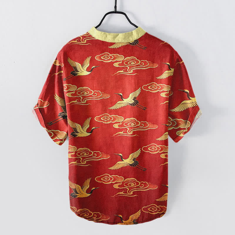 Buddha Stones Camicia da uomo a maniche corte con mezzo bottone, in cotone, con motivo gru dorata e nuvole di buon auspicio. - image 6