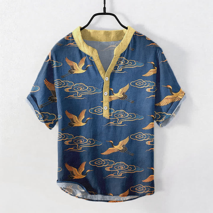 Buddha Stones Camicia da uomo a maniche corte con mezzo bottone, in cotone, con motivo gru dorata e nuvole di buon auspicio. - SteelBlue - US/UK/AU50, EU60 (5XL) - image 7