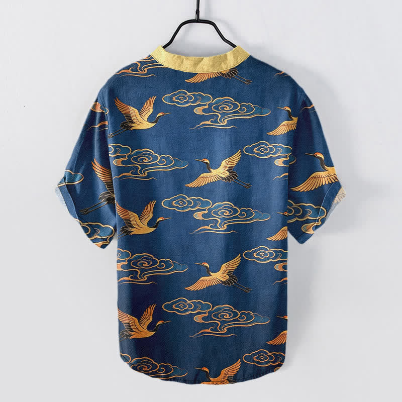 Buddha Stones Camicia da uomo a maniche corte con mezzo bottone, in cotone, con motivo gru dorata e nuvole di buon auspicio. - image 8