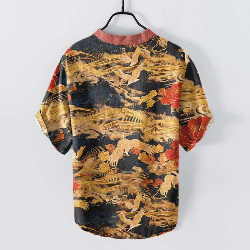 Buddha Stones Camicia da uomo a maniche corte con mezza abbottonatura, in cotone, stile vintage, con motivo gru e peonie bianche. - image 1