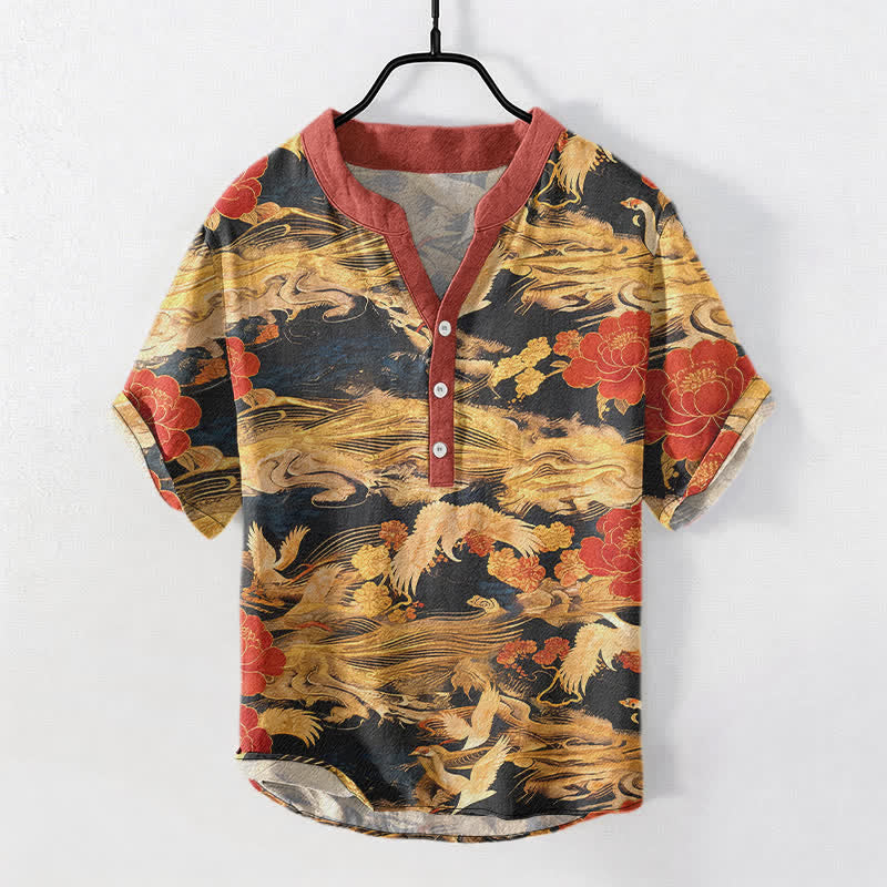 Buddha Stones Camicia da uomo a maniche corte con mezza abbottonatura, in cotone, stile vintage, con motivo gru e peonie bianche. - Nero - US/UK/AU50, EU60 (5XL) - image 0