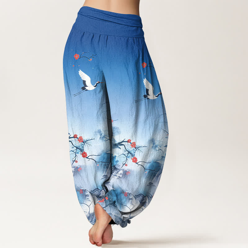 Buddha Stones Pantaloni harem da donna in puro cotone blu sfumato con motivo a fiori di gru e vita elasticizzata. - image 1