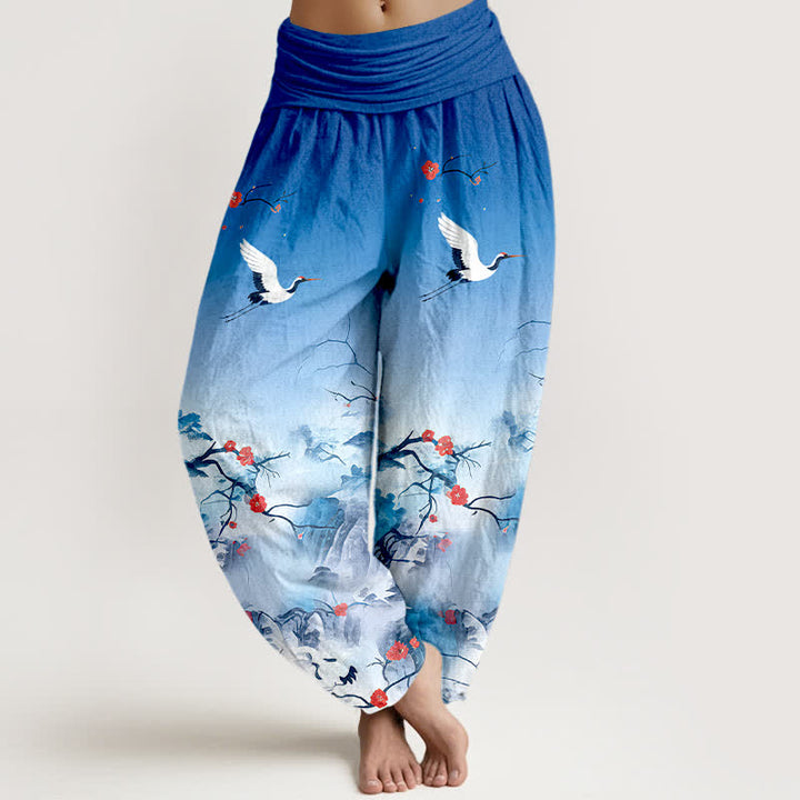 Buddha Stones Pantaloni harem da donna in puro cotone blu sfumato con motivo a fiori di gru e vita elasticizzata. - Cielo Blu - US16, UK/AU20, EU48 (3XL) - image 0