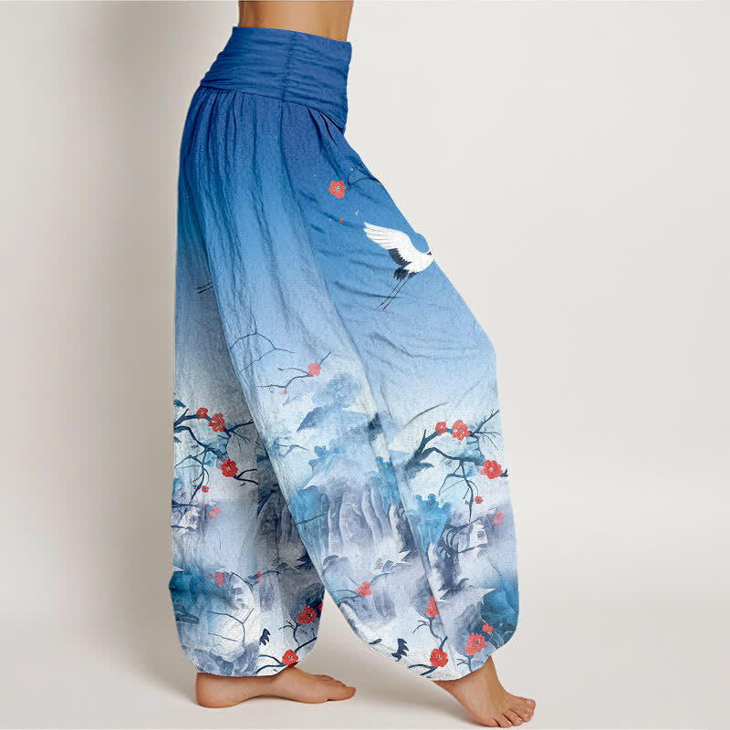 Buddha Stones Pantaloni harem da donna in puro cotone blu sfumato con motivo a fiori di gru e vita elasticizzata. - image 2