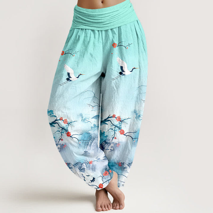 Buddha Stones Pantaloni harem da donna in puro cotone blu sfumato con motivo a fiori di gru e vita elasticizzata. - Turchese - US16, UK/AU20, EU48 (3XL) - image 5