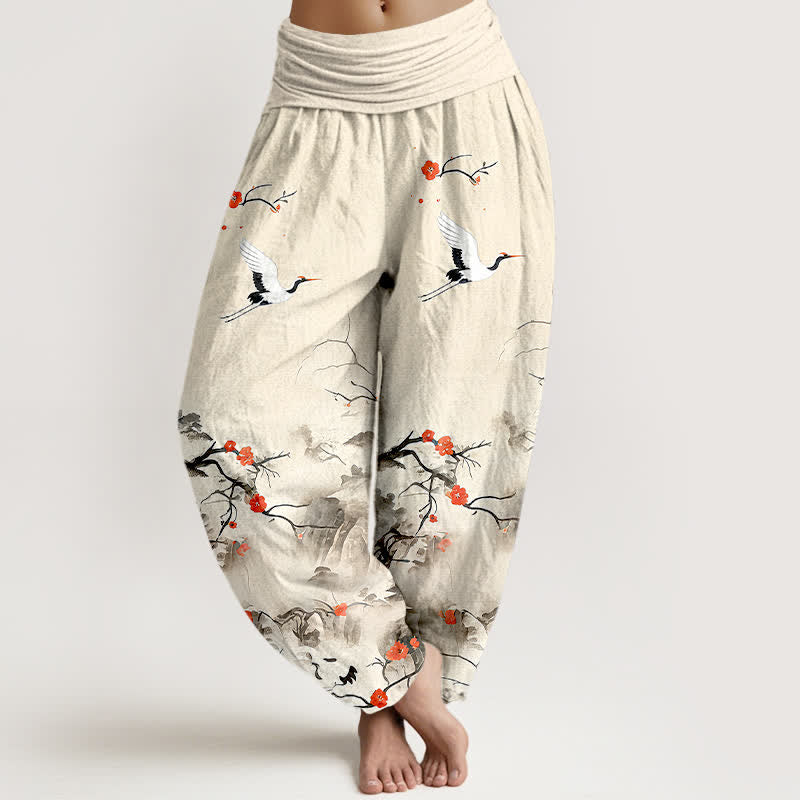 Buddha Stones Pantaloni harem da donna in puro cotone blu sfumato con motivo a fiori di gru e vita elasticizzata. - Biancheria - US16, UK/AU20, EU48 (3XL) - image 8