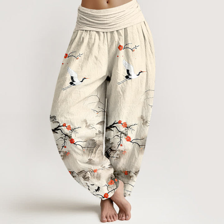 Buddha Stones Pantaloni harem da donna in puro cotone blu sfumato con motivo a fiori di gru e vita elasticizzata. - Biancheria - US16, UK/AU20, EU48 (3XL) - image 8