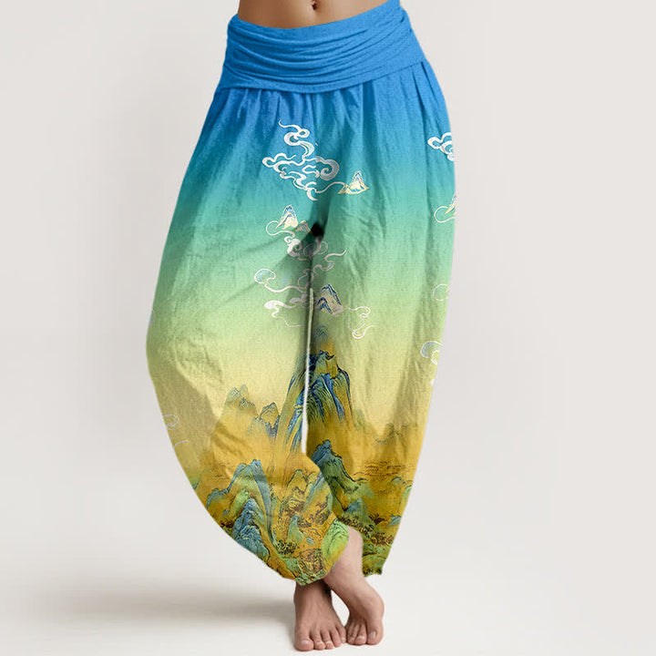 Buddha Stones Pantaloni harem da donna in puro cotone con stampa sfumata a montagna, lavaggio inchiostro, vita elasticizzata. - Turchese - US16, UK/AU20, EU48 (3XL) - image 0