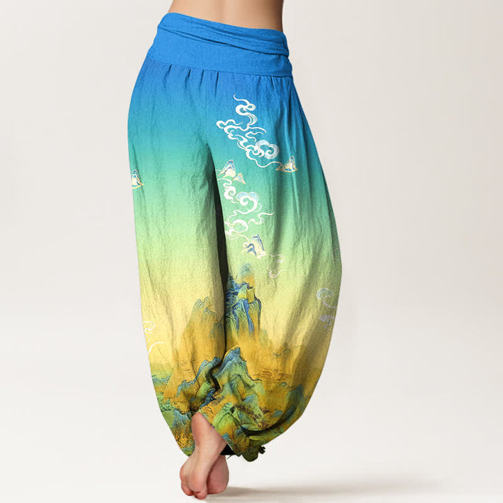 Buddha Stones Pantaloni harem da donna in puro cotone con stampa sfumata a montagna, lavaggio inchiostro, vita elasticizzata. - image 1
