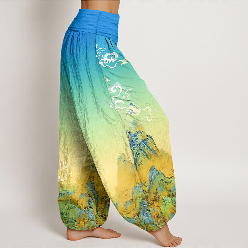 Buddha Stones Pantaloni harem da donna in puro cotone con stampa sfumata a montagna, lavaggio inchiostro, vita elasticizzata. - image 2