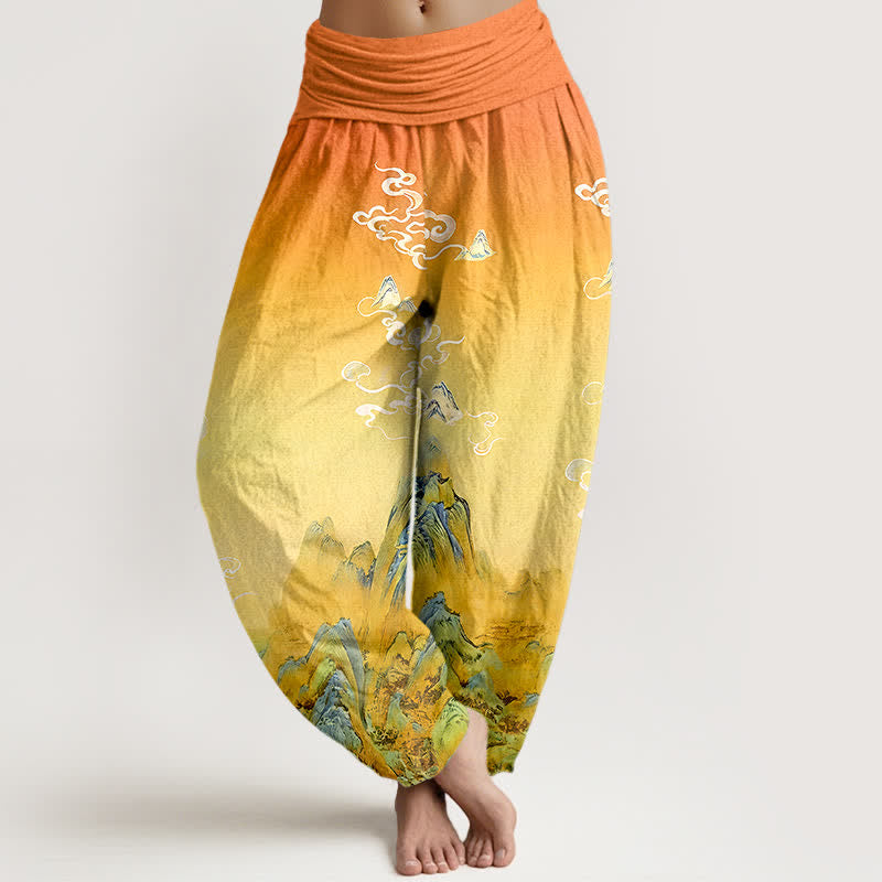 Buddha Stones Pantaloni harem da donna in puro cotone con stampa sfumata a montagna, lavaggio inchiostro, vita elasticizzata. - Verga d'oro - US16, UK/AU20, EU48 (3XL) - image 8