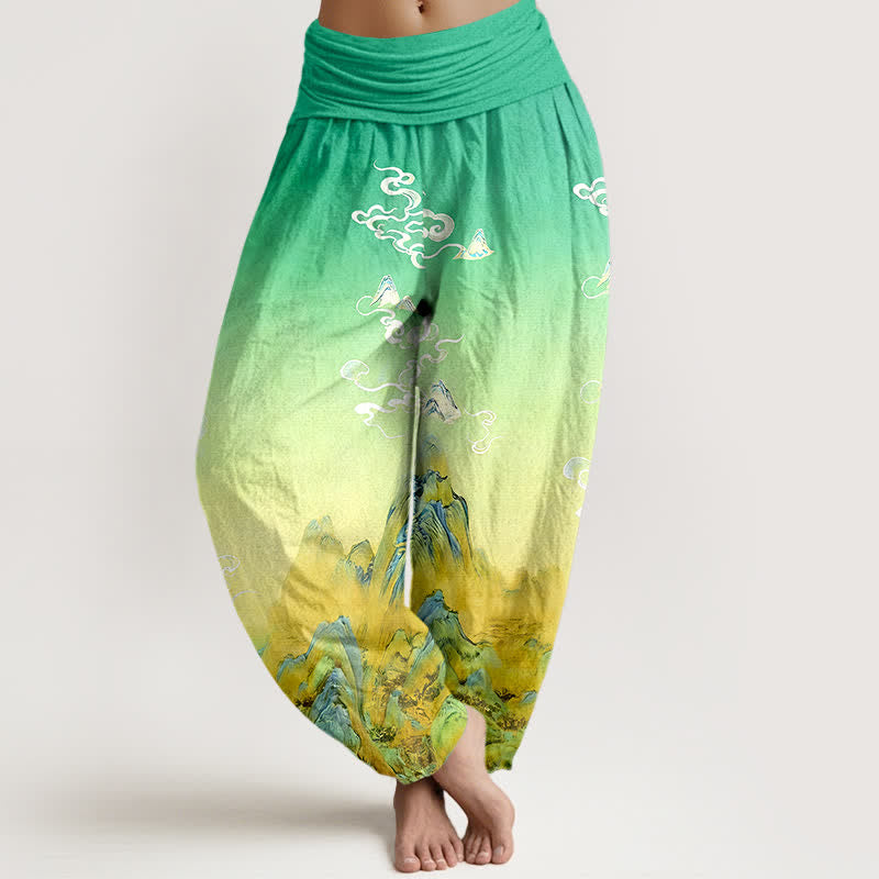 Buddha Stones Pantaloni harem da donna in puro cotone con stampa sfumata a montagna, lavaggio inchiostro, vita elasticizzata. - Verde medio del mare - US16, UK/AU20, EU48 (3XL) - image 5